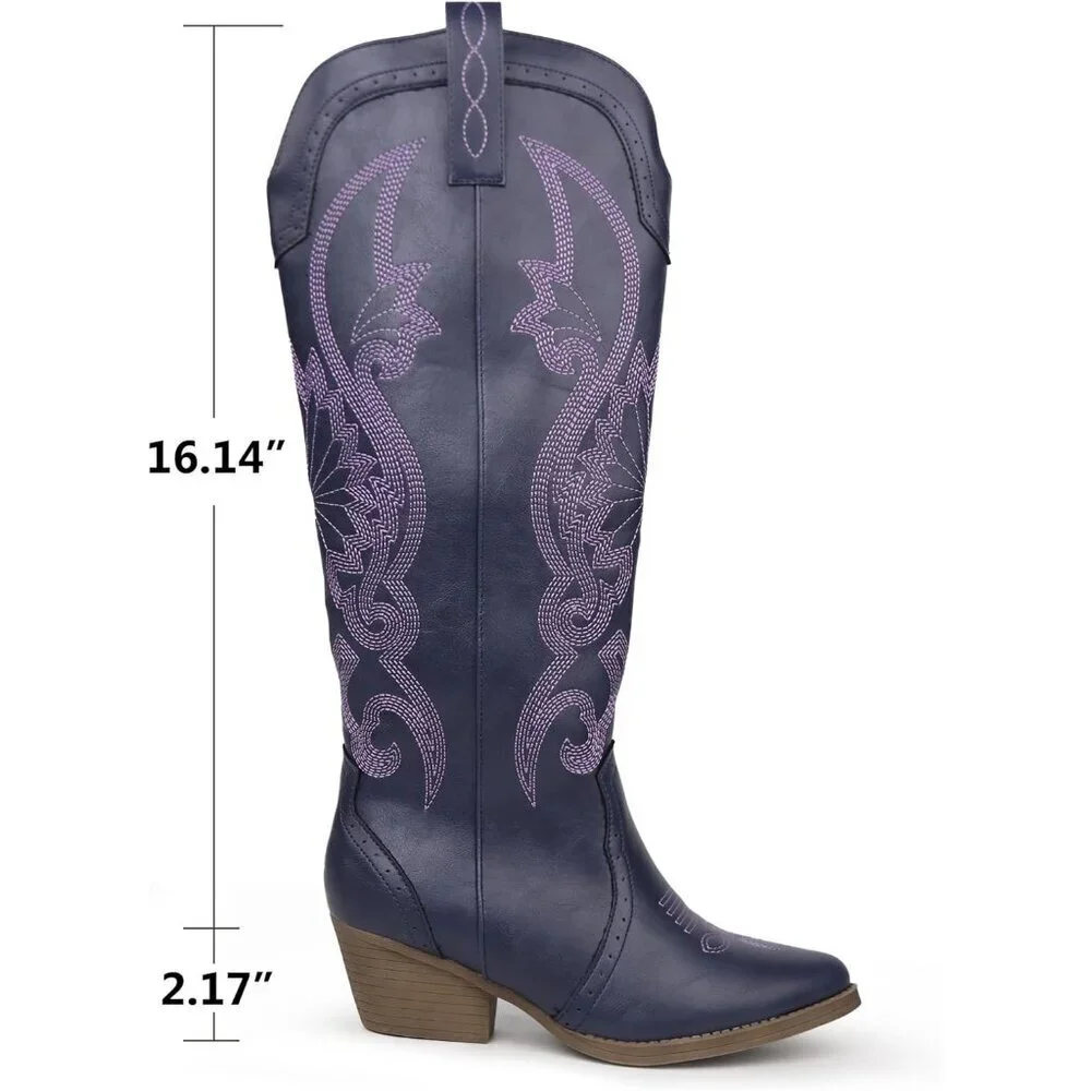 Women's Purple Faux Leather Pointed Toe and Block Heel Classic Embroidered Boot
